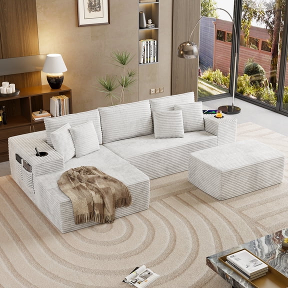 Vabaso 104" Modular Cloud Couch & L Shaped Couch Sectional with Ottoman - No Assembly Sleeper Sofa Alternative, Corduroy Living Room Furniture - Beige