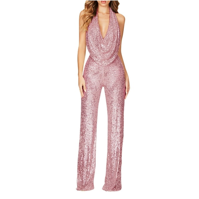 Babysbule Combinaison de Fête à Sequins pour Femmes Couleur Unie Manches Courtes Combinaison Décontractée Pantalon