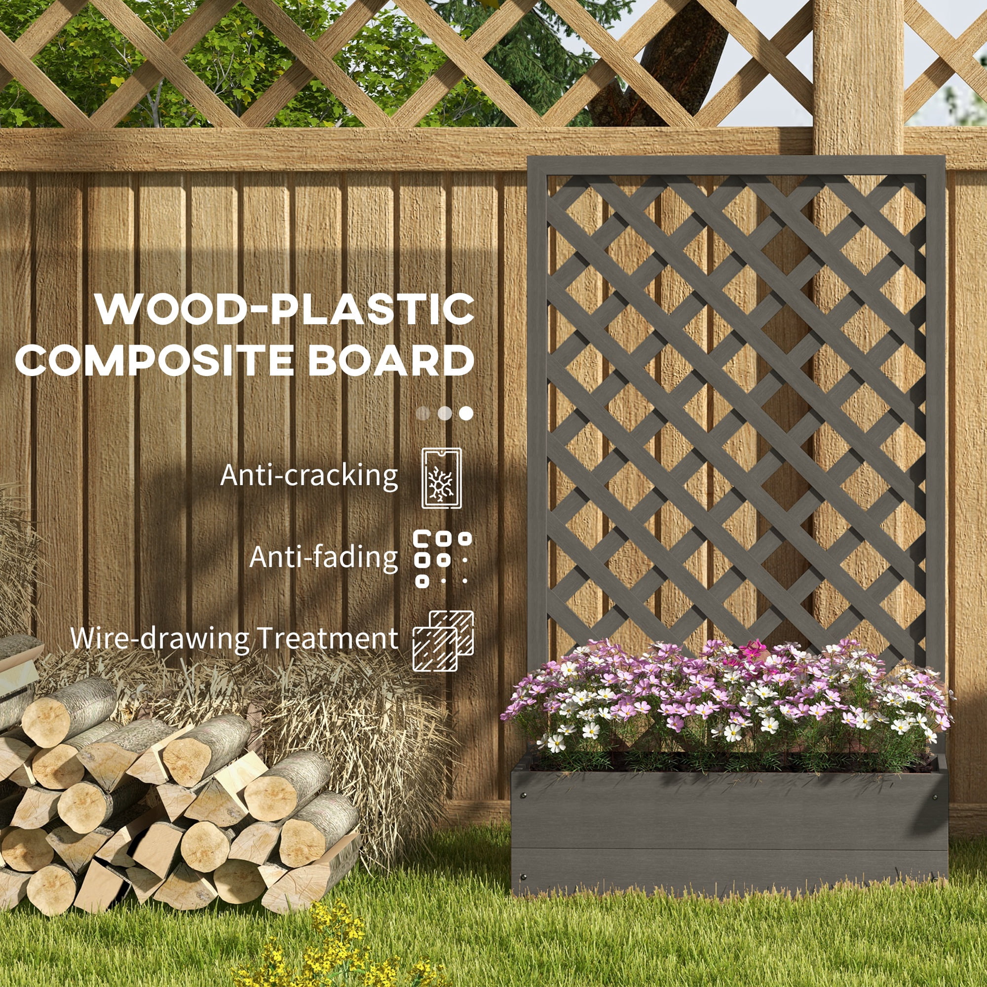 Outsunny Raised Garden Bed w/ Trellis Lattice, Drainage Gap, Freestanding Trellis Planter for Climbing Plants, Vines, Flowers, Dark Gray