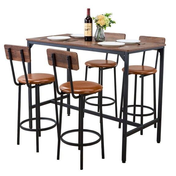 KFFKFF 5-Piece Bar Table Set, 47″ Rectangular Table with Rounded Edges and Four Stools, Ideal for Living Room, Dining Room, or Kitchen, Walnut and Black Finish