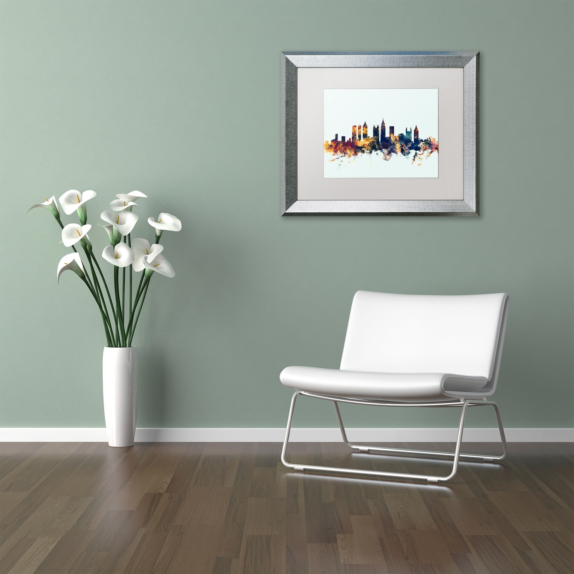 Trademark Fine Art "Atlanta Georgia Skyline Blue" Canvas Art by Michael Tompsett, White Matte, Silver Frame