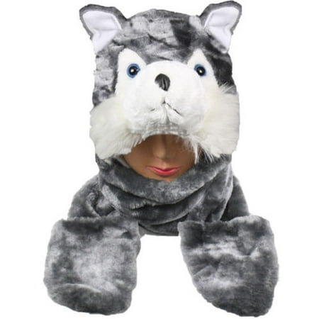 Plush Fleece Animal Hat GREY WOLF with Mittens cute warm winter gift USA Teens Adult