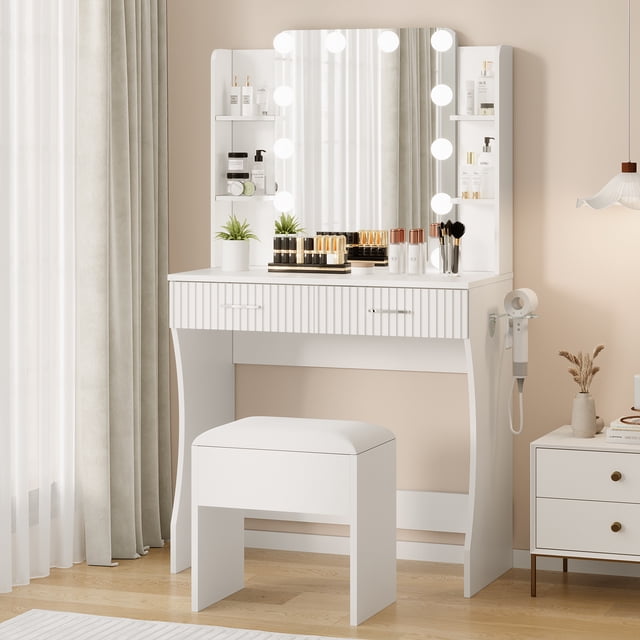 Yiwa Coiffeuse avec Miroir à DEL, Éclairage à Intensité Réglable, 2 Tiroirs, 6 Étagères, Support pour Séchoir à Cheveux et Tabouret Réglable