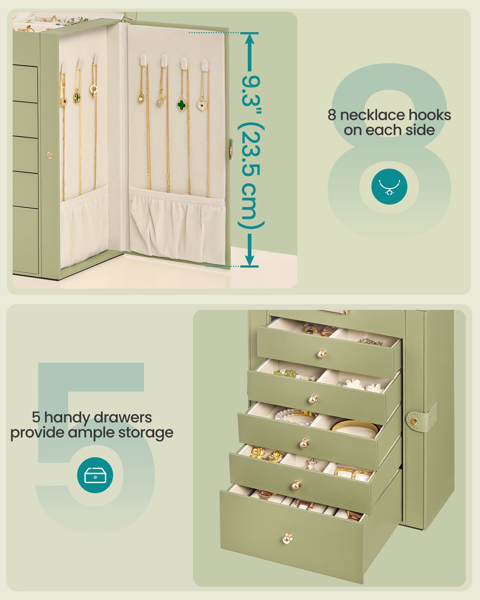 SONGMICS 6-Layer Jewelry Box Organizer with 5 Drawers, Jewelry Storage Case with Lock and Mirror, Large Storage Capacity, Gift for Loved Ones, for Necklaces, Watches, Sage Green