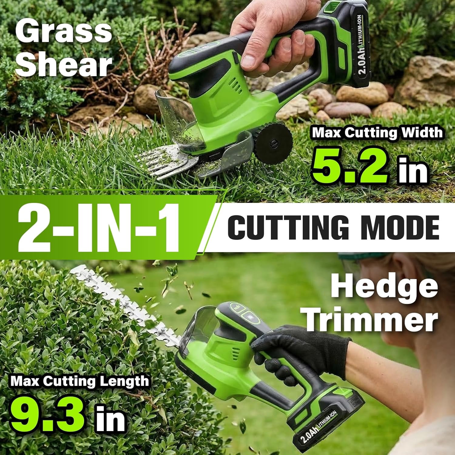 Cordless Hedge Trimmer 2-in-1 Electric Bush Trimmer & Grass Shear with 2 Batteries