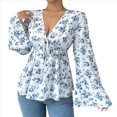 thumbnail image 1 of Blusa con Estampado Floral para Mujer, Larga, Estilo Babydoll, Escote en V Profundo, Peplum Azul L, 1 of 9