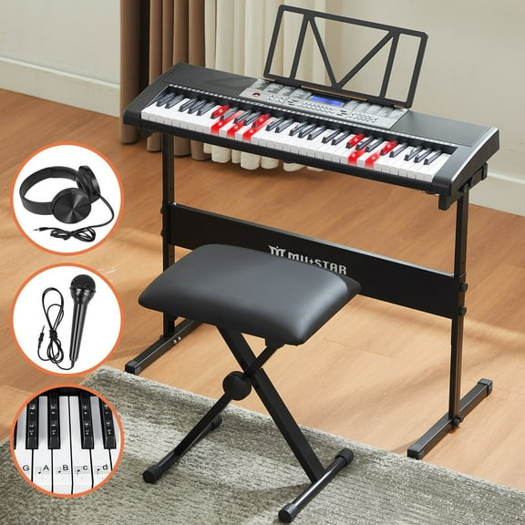 Black Portable 61 Keys Electric Piano Keyboards with Lighted Up Keys,255 rhythms,Bench,Stand,Headphone,Microphone