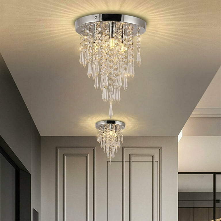 Oukaning Crystal Mini Chandelier Lamp Ceiling Light Flush Mount Chrome Base 3 Lights