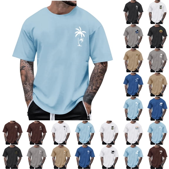 Yertdoel Mens T-Shirts Fashion Palm Tree Tropical Printed Graphic Beach Tee Tops Solid Color Round Neck Summer Vacation Casual Short Sleeve Shirts