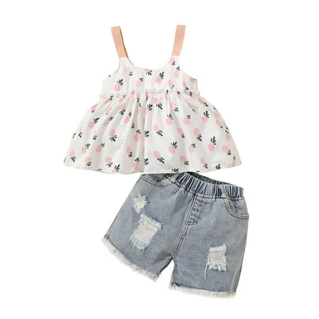 

KIMI BEAR Infant Girls Outfits 12 Months Infant Girls Summer Outfits 18 Months Infant Girls Sweet Pineapple Print Sling Top + Denim Shorts 2PCs Set White