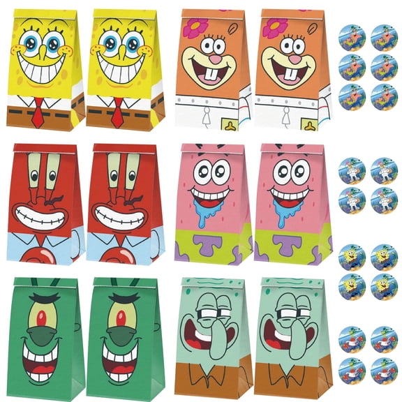 Raveparty 12Pcs SpongeBob Party Favor Bags for Kids, SpongeBob Party Supplies, SpongeBob Birthday Gift Bag with Stickers, Happy Birthday Goodie Bags for Theme Party Decorations