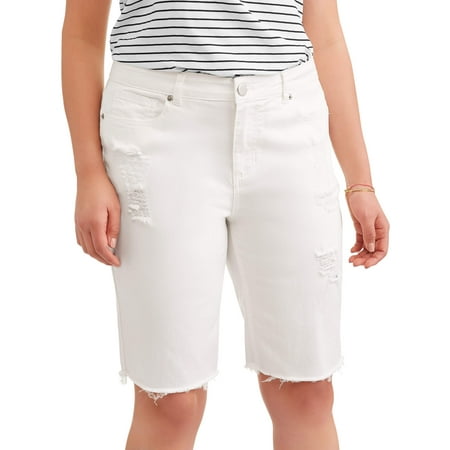 Junior's Plus Distressed Raw Hem Bermuda Shorts