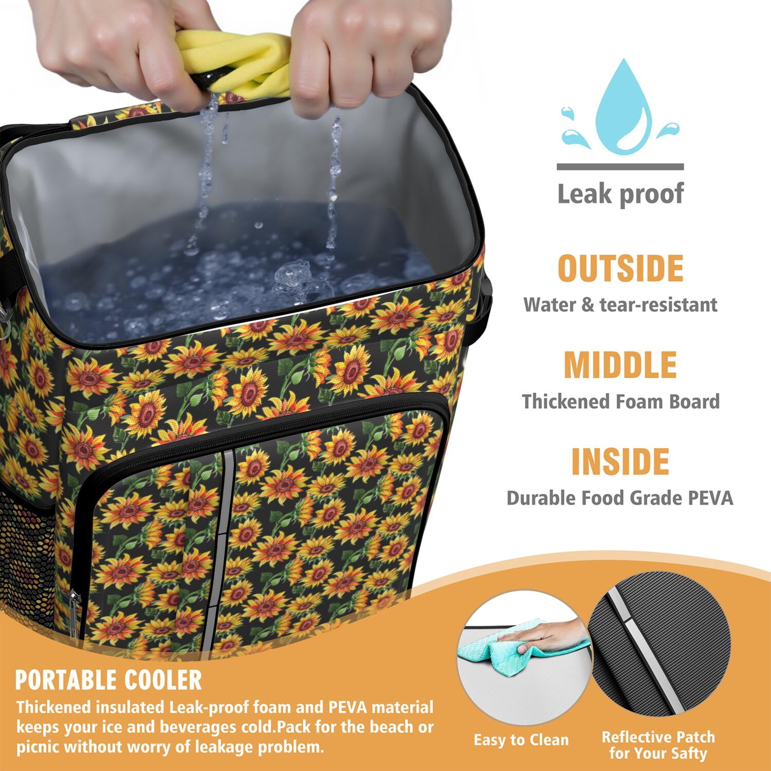 Travel Cooler Bag - Black Sunflower Camping Beer Cooler Backpack with Bottle Opener- Waterproof Insulated Picnic Backpacks - Cooler Bag for Beach