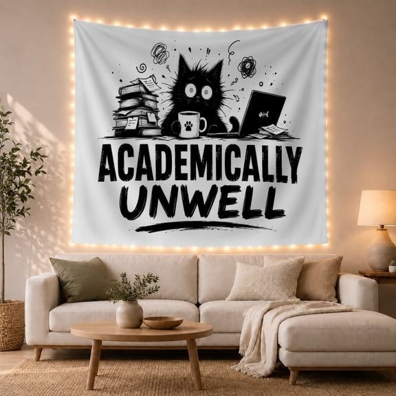 Overwhelmed Black Cat at Cluttered Desk with Scribbles, Whimsical Illustration for College Students, Novelty Dorm Room Decor, Back to School Gift Tapestry Wall Hanging for Dorm and Study Room