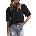 thumbnail image 1 of Dressy Eyelet Tops Womens High Neck Puff Short Sleeve Cute Summer Blouses Business Work Shirts (L, Black), 1 of 6