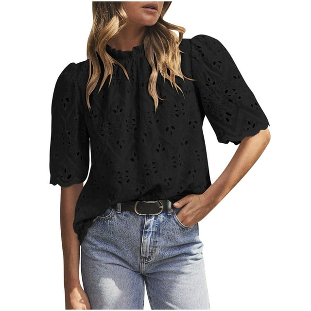 Dressy Eyelet Tops Womens High Neck Puff Short Sleeve Cute Summer Blouses Business Work Shirts (L, Black)