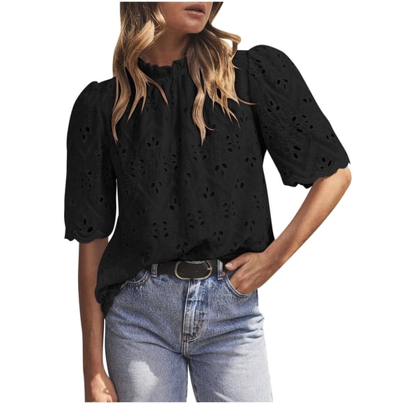 Dressy Eyelet Tops Womens High Neck Puff Short Sleeve Cute Summer Blouses Business Work Shirts (XL, Black)