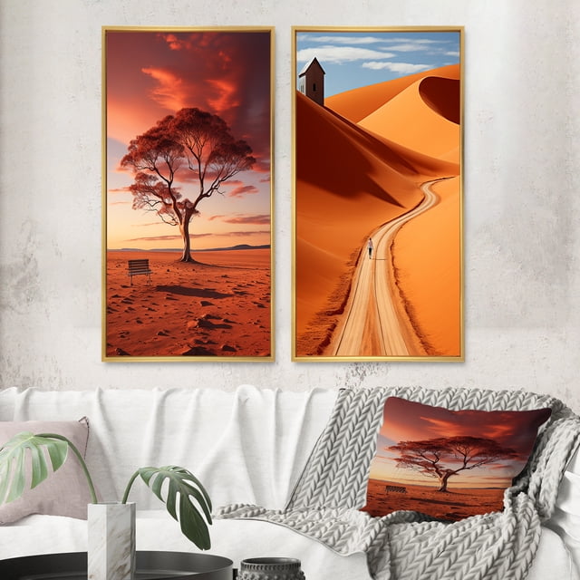 Designart "Australia Red Centre silence II" Art Mural Encadré Australie Ensemble de 2 - Paysages Roses Toile Encadrée pour Décoration de Salon