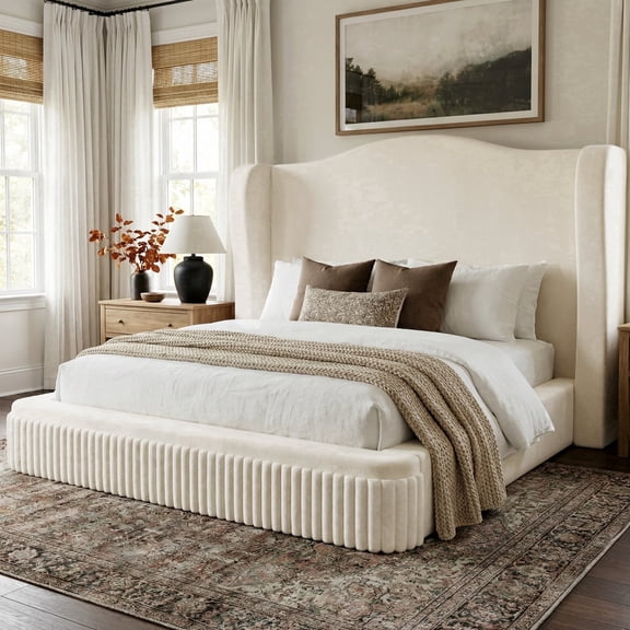 EnHomee Boucle Bed frame King with Tall Headboard & Footboard Upholstered Cloud Bed Frame with Wingback Headboard, Beige
