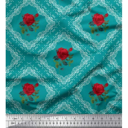 Soimoi Georgette Viscose Fabric Check Leaves & Rose Floral Printed Fabric 1 Yard 42 Inch Wide