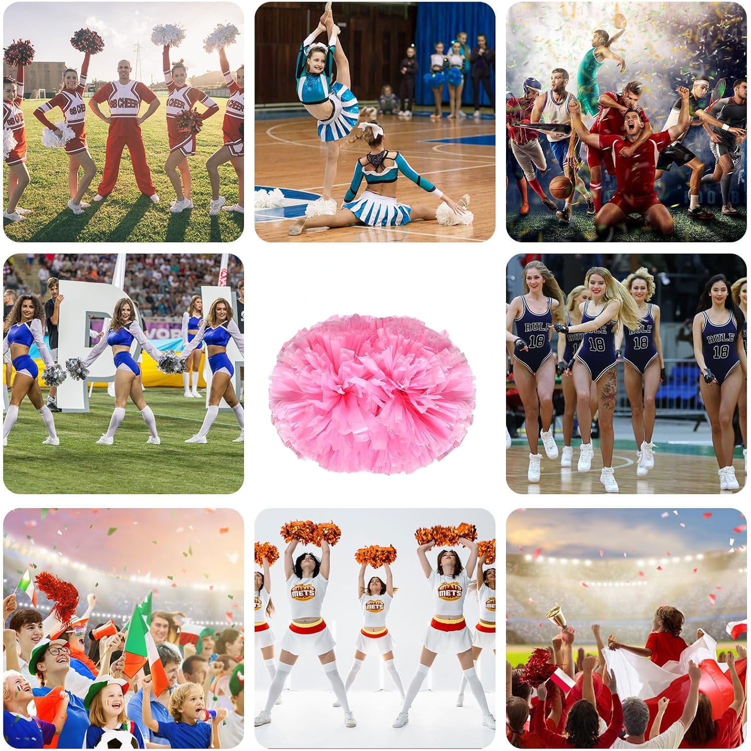 12 PCS pom poms Cheerleading,13.8inch Sports Team Spirits Cheering Squad Dance Training with Handle