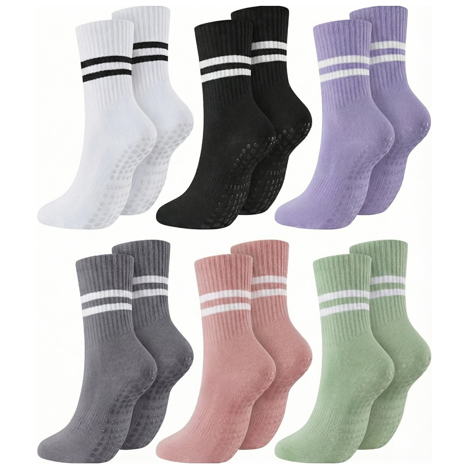 6 Pairs Pilates Socks for Women with Non Slip Grippers, Yoga Crew Socks for Barre Hospital Sticky Slipper Socks