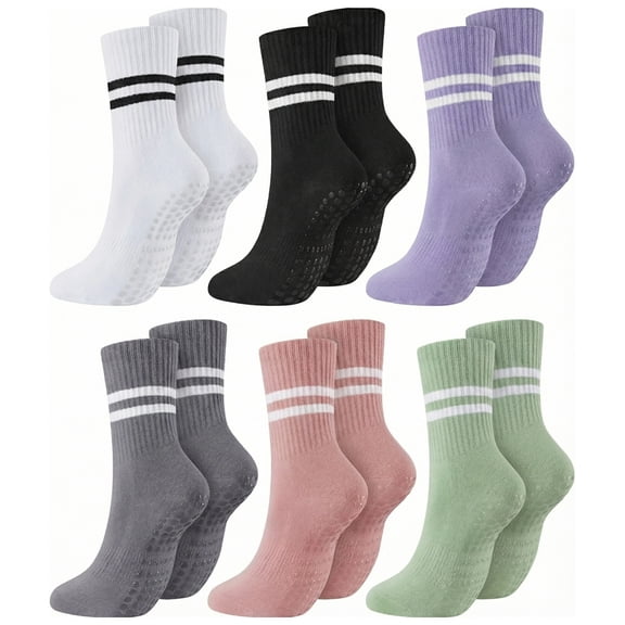6 Pairs Pilates Socks for Women with Non Slip Grippers, Yoga Crew Socks for Barre Hospital Sticky Slipper Socks