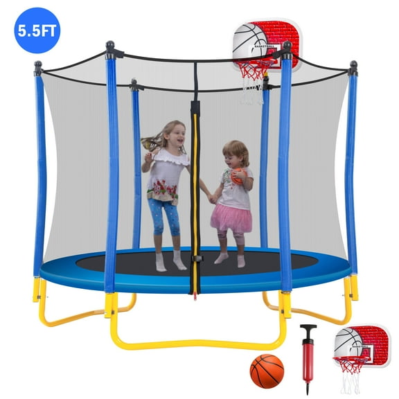 EUROCO 5.5FT Kids Trampoline with Basketball Hoop, Indoor & Outdoor Mini Toddler Trampoline with Enclosure Net, Easy to Assemble
