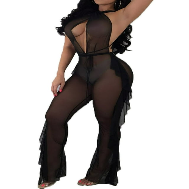 Haut Court à Capuchon pour Femmes en Maille Transparente, Style Bandage, pour Bikini, et Pantalon Legging à Volants