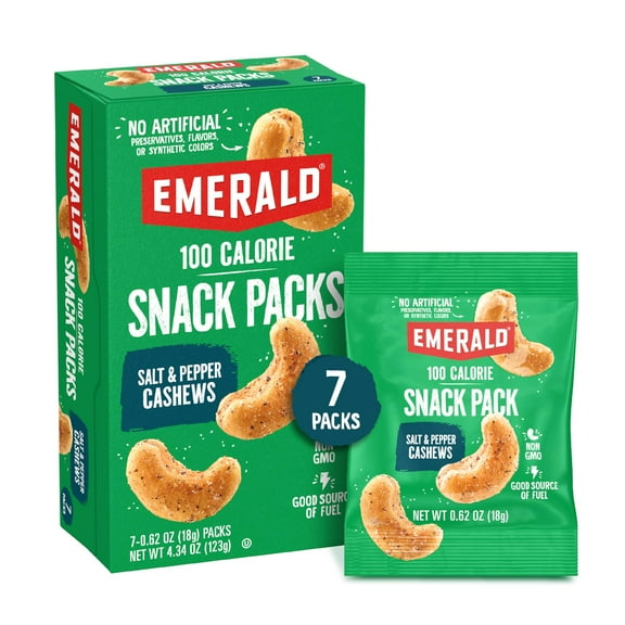 Emerald Nuts, 100 Calorie DEF29 Packs, 7 Count, Salt & Pepper Cashews, 4.34 Oz