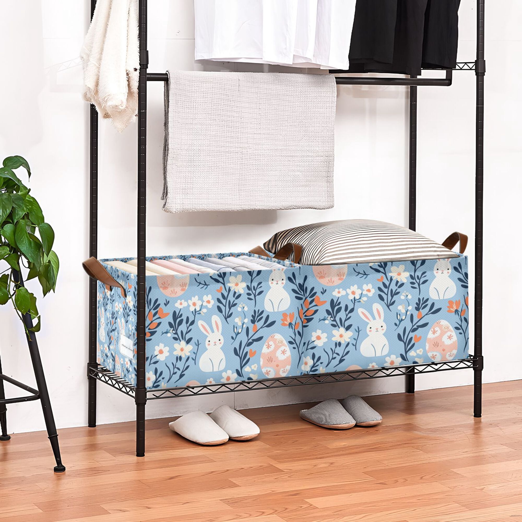 Yayeee Foldable Storage Basket for Shelves Set of 2 Waterproof Cloth Bins with Handles, Floral Easter Rabbits