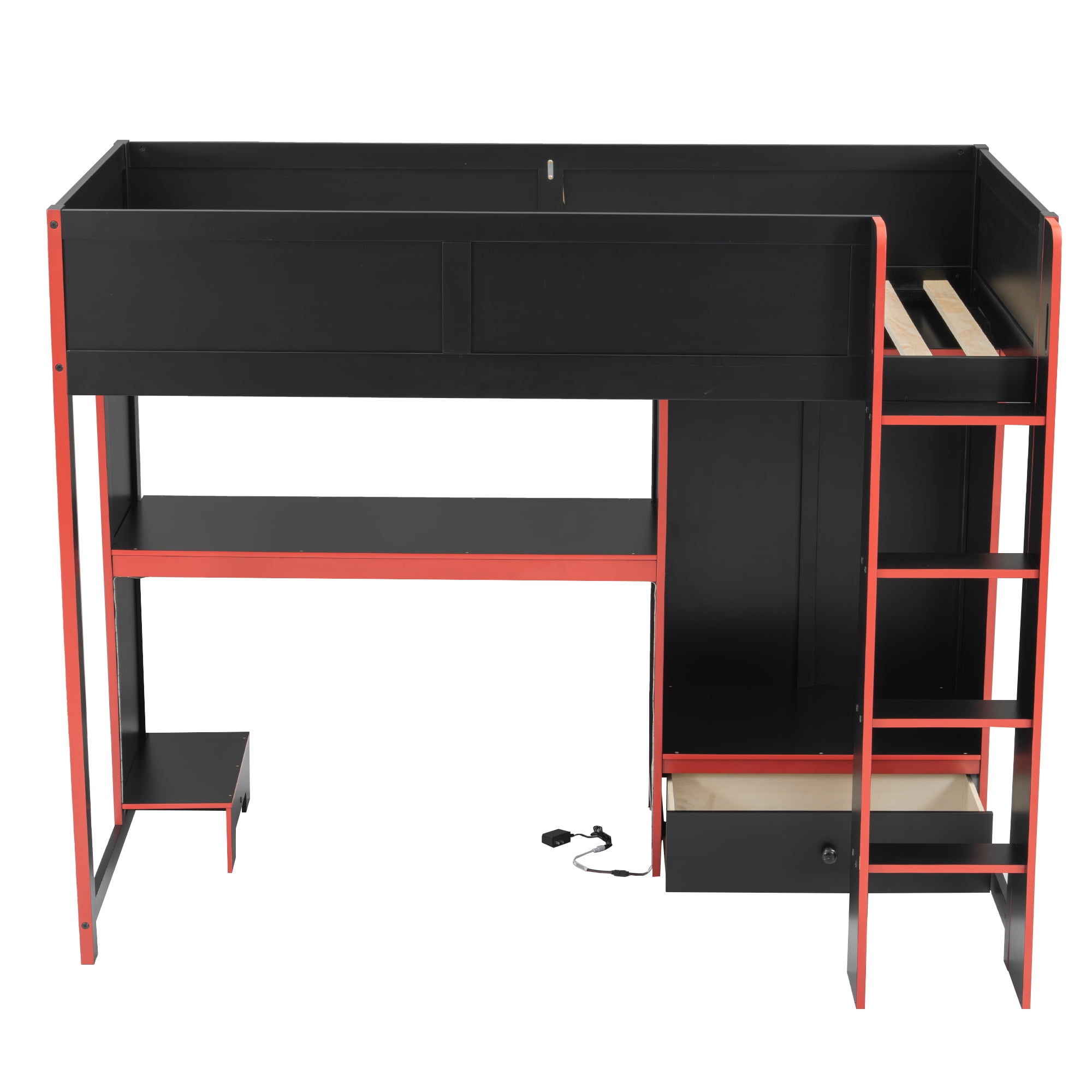 Euroco Wood Twin Size Loft Bed with Desk and Drawer, Gaming Bed with LED Light and Open Wardrobe