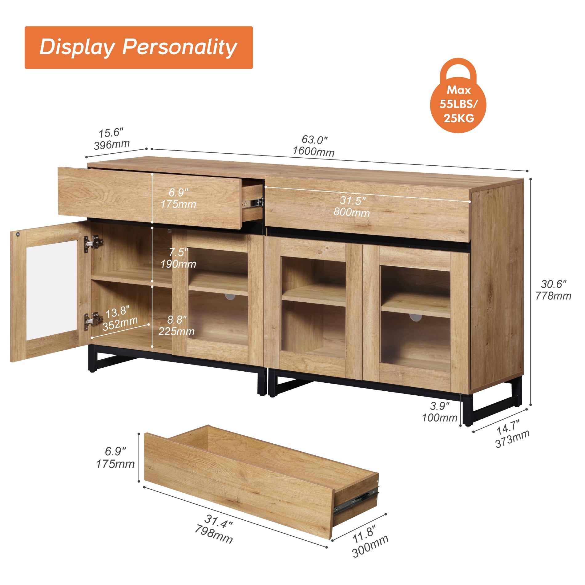 WAMPAT 63" Multifunctional Modern Sideboard Buffet Cabinet with 4 Glass Doors, Credenza & Coffee Bar Storage Cabinet for Living Room & Kitchen