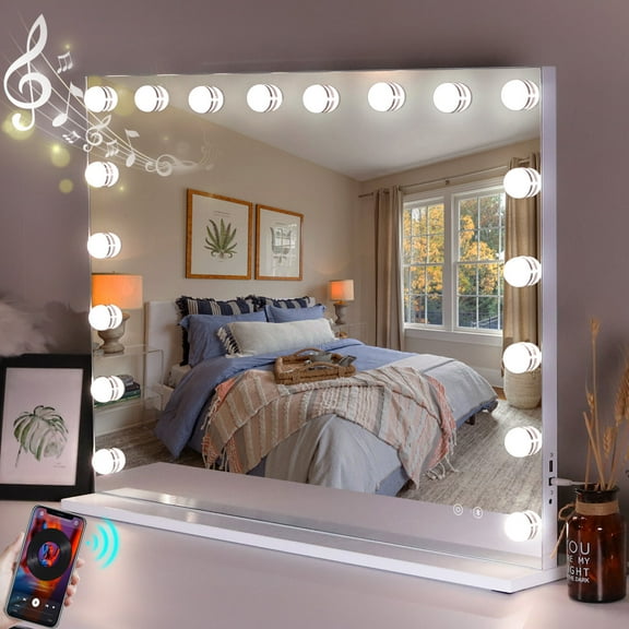 Vanity Mirror With Lights 31.5 X 22.8 Inch Tempered Glass Hollywood Makeup Mirror With 18 Dimmable Led Bulbs For Getting Ready Table Or Wall Mount Bluetooth Speaker And Usb Charging