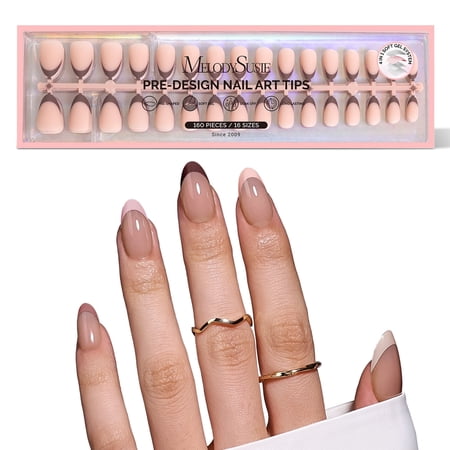 MelodySusie Press-On Nails, Short Almond Coffee Brown French False Nail Tips, No File Needed Natural Long-Lasting, 160 Count 16 Sizes
