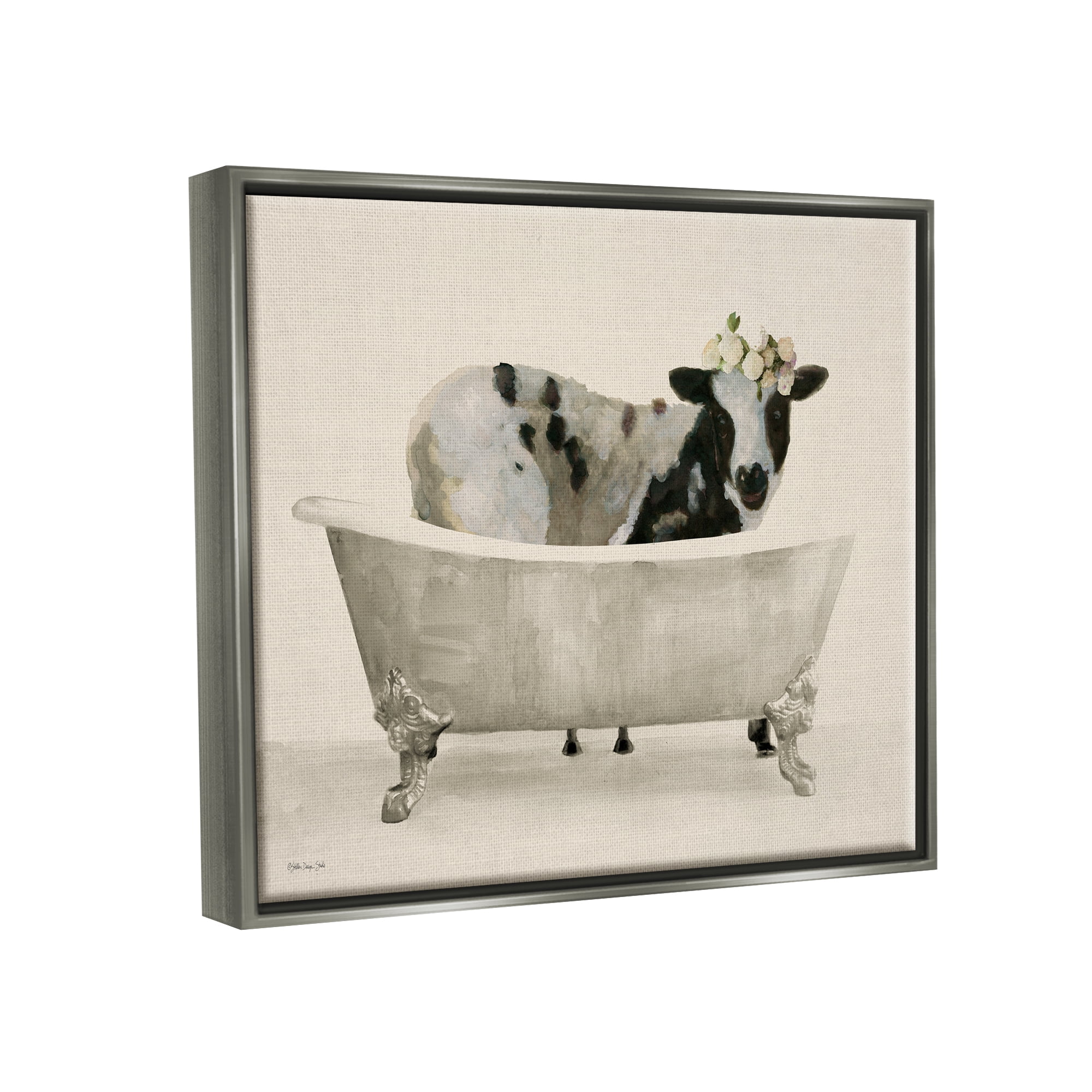 Stupell Industries Cow in Antique Tub Animals & Insects Painting Gray Floater Framed Art Print Wall Art, 21 x 17