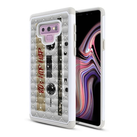 FINCIBO Hybrid Bling Sparkle Cover Case for Samsung Galaxy Note 9, Retro White Cassette Tape Hip (Rock Me The Best Of Great White)