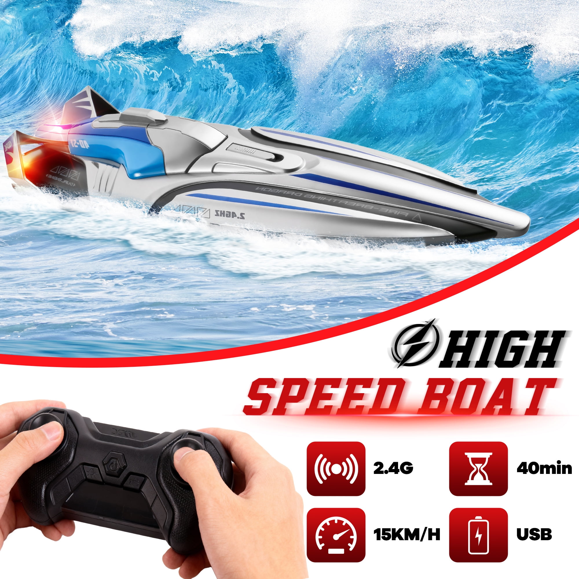 Remote Control Boat, 15KM/H Fast RC Boat with 2 Rechargeable Batteries, Pool Toys Water Toys for Boys & Girls