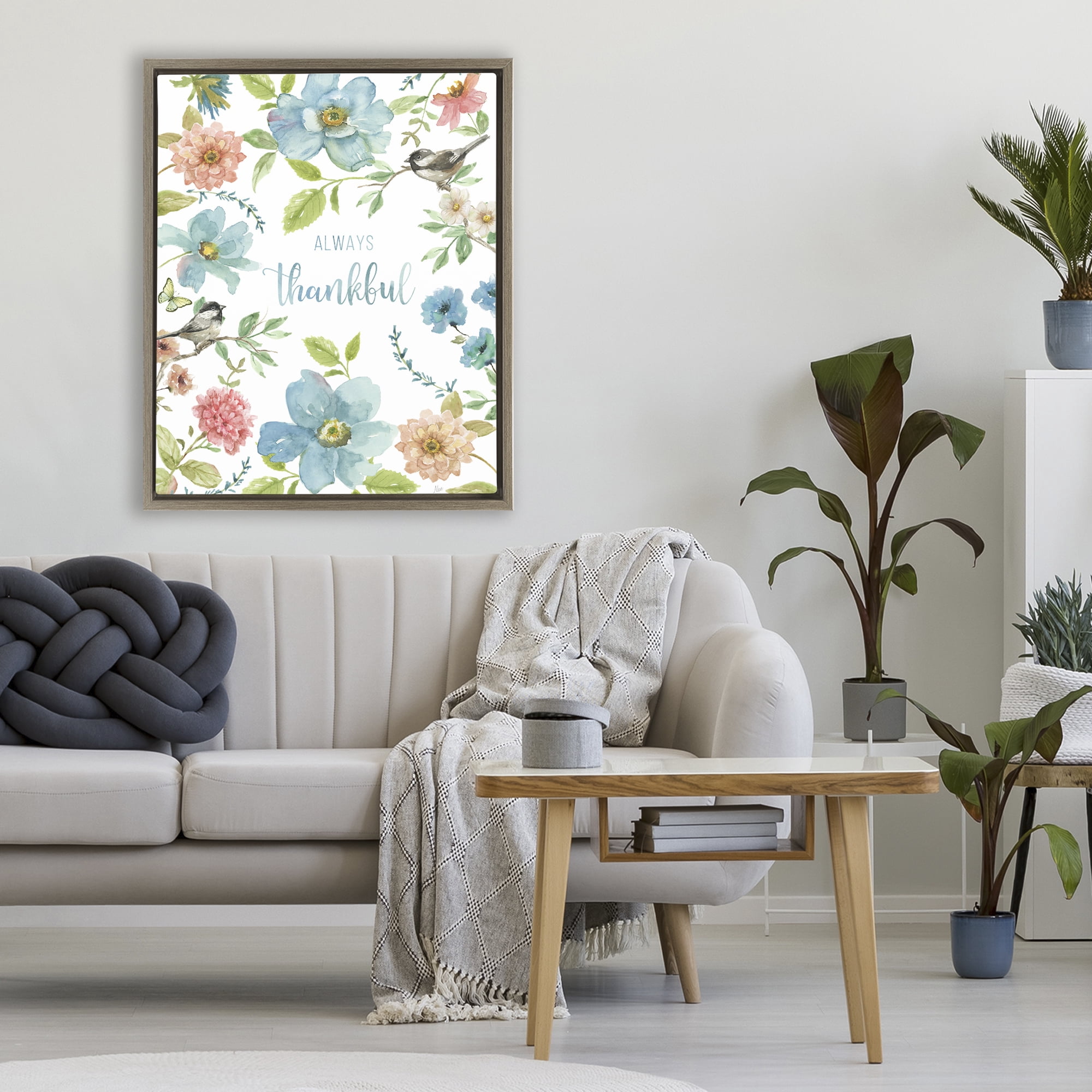 Stupell Industries Always Thankful Pink & Blue Brown Framed Floater Canvas Wall Art, design by Nan