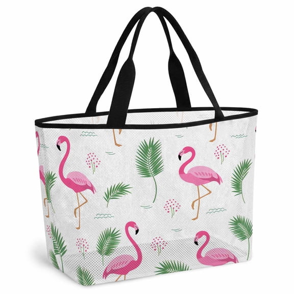 Pink Flamingos Beach Bag for Women, Large Breathable Mesh Beach Tote Bag, Summer Green Tropical Palm Leaves Sandproof Lightweight Travel Bags for Vacation Picnic Swimming Pool 15.7"x15.7"x9.1"