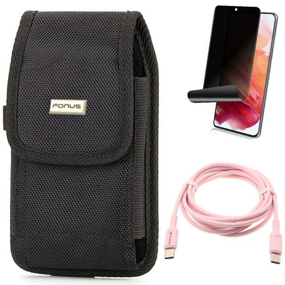 Case Belt Clip & Privacy Screen Protector & Pink 6ft Long Cable for Samsung Galaxy S22 (6.1") - Rugged Holster & TPU Film Fingerprint Works & USB-C to Type-C PD Fast Charger Accessory Bundle