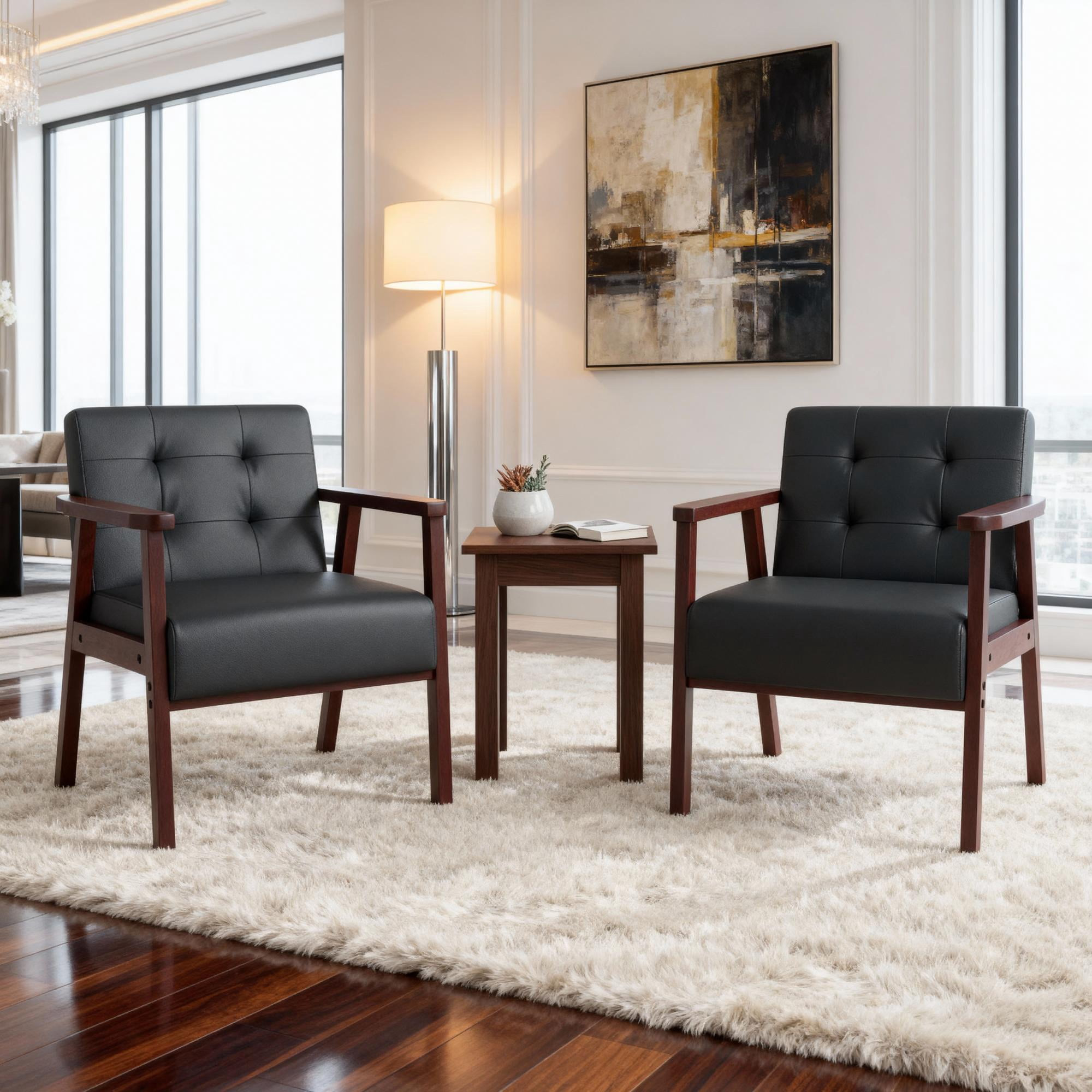 Gewnee PU Accent Chair with Solid Wood Frame,Modern Upholstered Armchair,Single Sofa for Living Room,Apartment,Office.Black