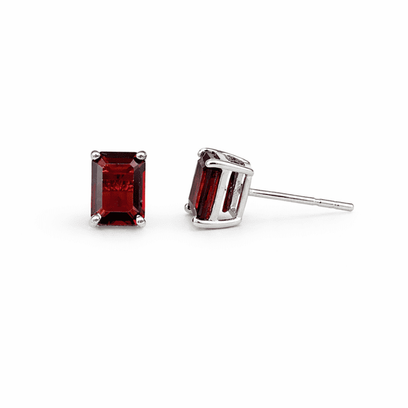 PILWALS Emerald Cut Red Garnet Stud Earrings – 925 Sterling Silver 4-Prong Set Square Rectangle Gemstone Post Earrings for Women