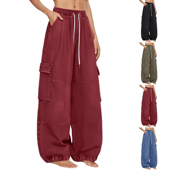 Delayuji Baggy Cargo Pants For Women Wide Leg Pants High Waisted Elastic Casual Pants Spring