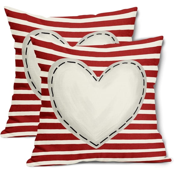 Valentines Day Pillow Covers 20X20 Inch Red White Stripes White Heart Decorative Square Pillow Cases Valentine''s Day Cotton Linen Throw Pillows Set of 2 Home Decor for Sofa Porch Couch Outdoor