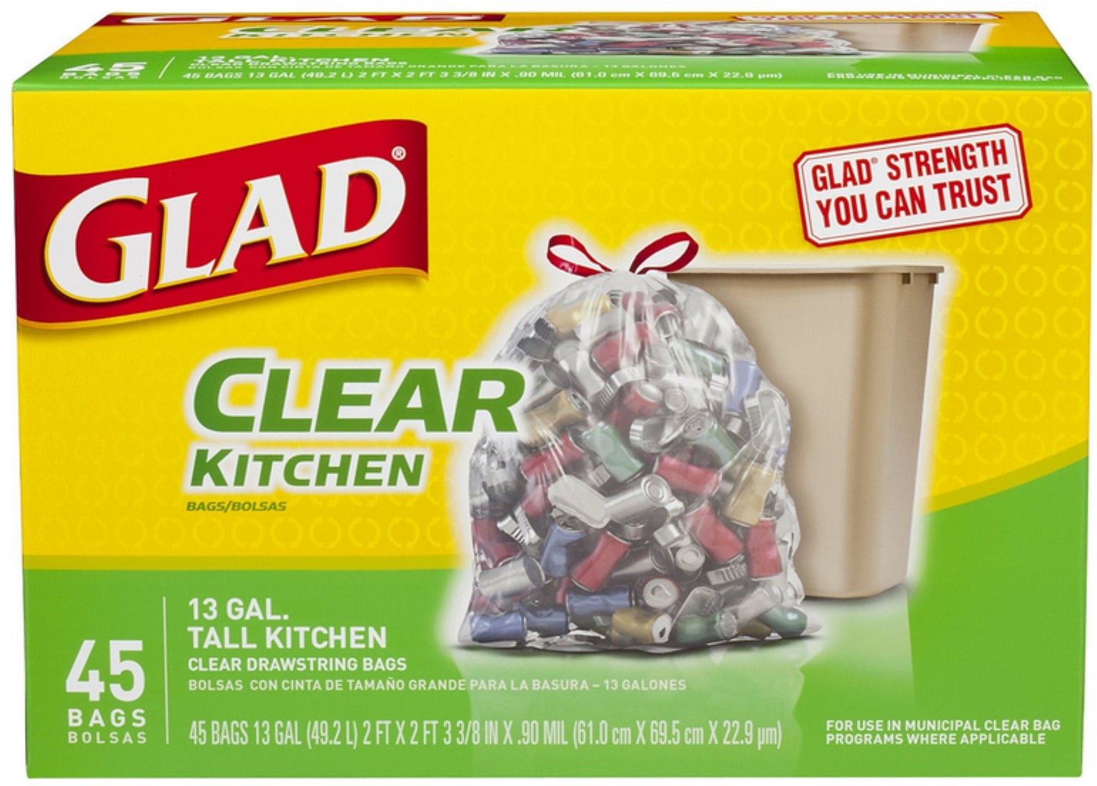 2pk Clear 45 ea Glad Recycling Tall Kitchen Drawstring Trash Bags 13 Gallon 