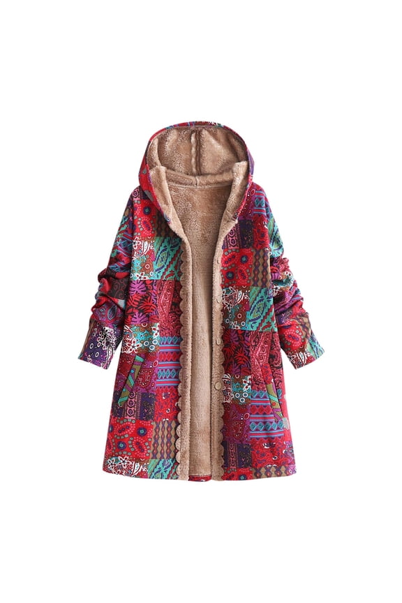 Boho Vintage Patchwork Fleece Jacket for Women Aztec Hooded Cardigan Buttton Down Ethnic Sherpa Lined Long Winter Coat