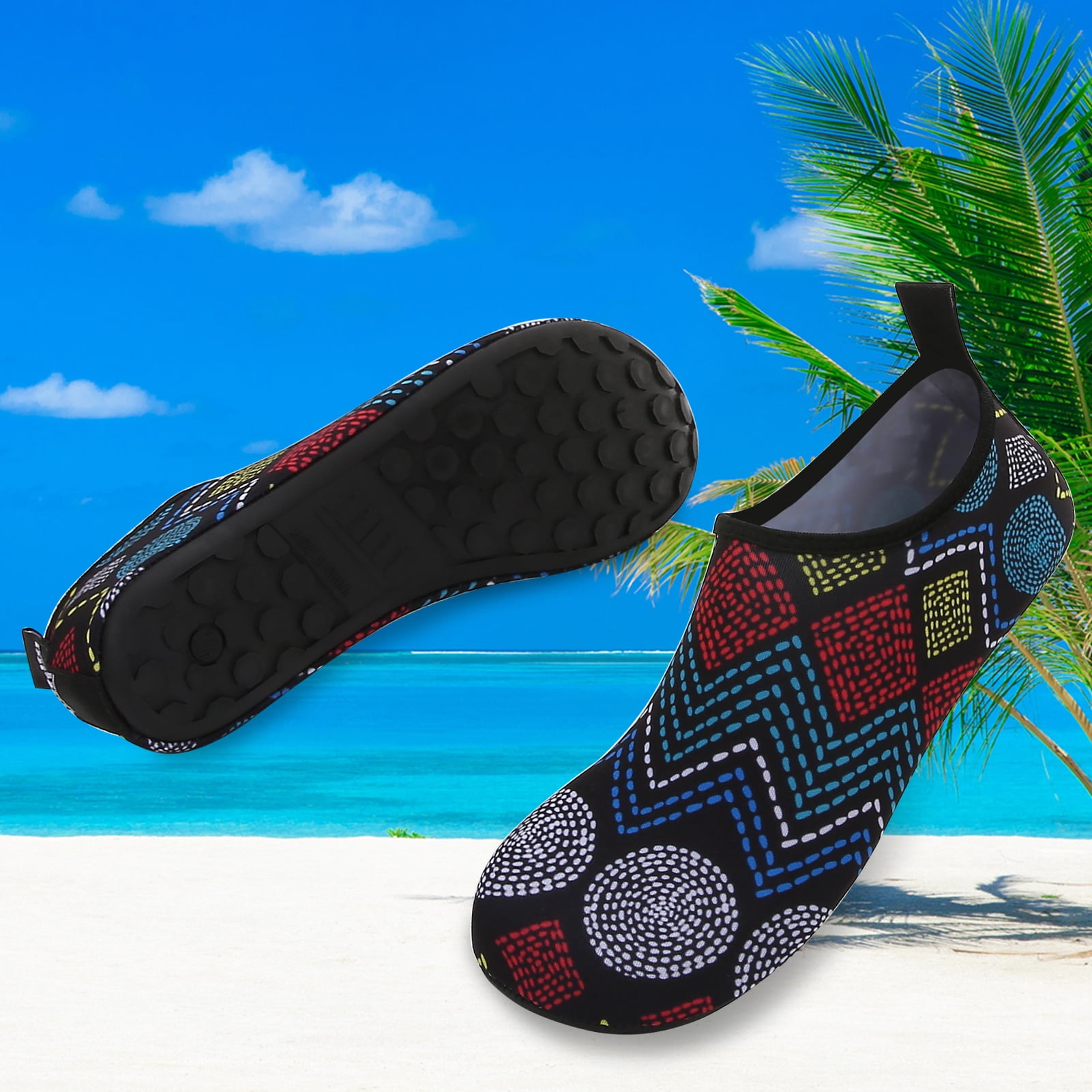 Men and Women a Slip On Barefoot Quick-Dry Beach Aqua Yoga Water Shoes (Geometric/Black, 13-14 Women/10.5-11 Men)