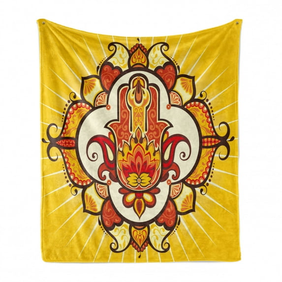 Hamsa Soft Flannel Fleece Throw Blanket, Sun Inspired Design Aura Energy Yoga Mantra Theme with Ornaments, Cozy Plush for Indoor and Outdoor Use, 60" x 80", Yellow Orange Brown, by Ambesonne