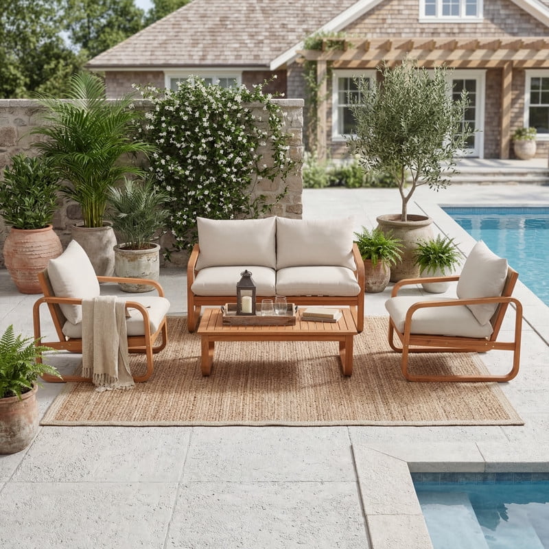 4-Piece Acacia Wood Outdoor Sectional Set with Cushions, Patio Chat Sofa Set with Coffee Table, Weather-Resistant Conversation Set